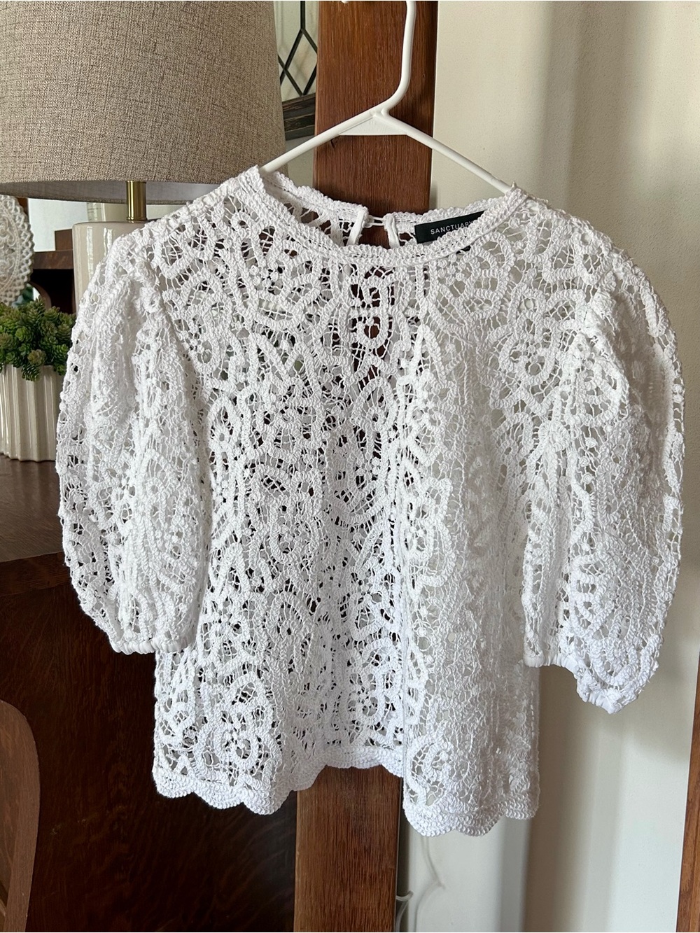 Sanctuary White Crochet Lace Puff Sleeve Blouse